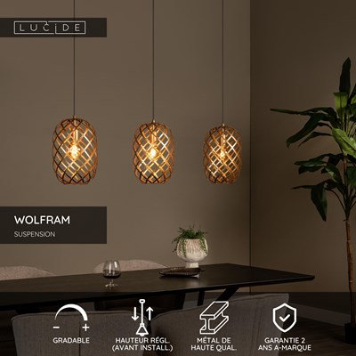 Lucide WOLFRAM - Suspension - 3xE27 - Or Mat / Laiton